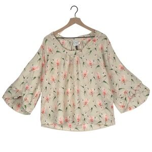 HD in PARIS Anthropologie Ramie Floral Bell Sleeve Blouse Sz 6 Beige Pink EC